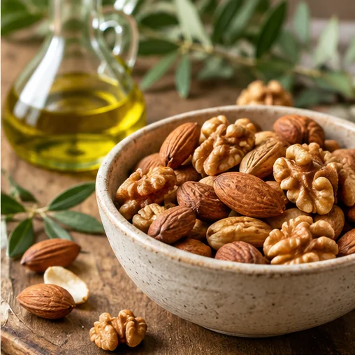 A small bowl of walnuts and almonds on a wooden table